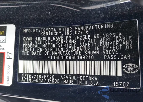 2016 Toyota Camry Se from USA, damaged, VIN 4T1BF1FK8GU199240